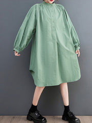 Loose Puff Sleeves Solid Color Stand Collar Midi Dresses