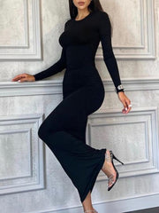 See-Through Solid Color Bodycon Long Sleeves Round-Neck Maxi Dresses