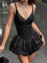 Lace Patchwork Suspender Mini Dress In Black