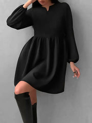 Elasticity Pleated Solid Color Split-Joint Loose Puff Sleeves Round-Neck Mini Dresses