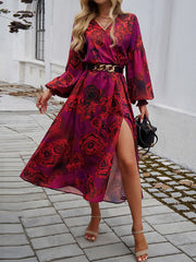 Elasticity Flower Print No Belt Split-side A-line High Waisted V-neck Maxi Dresses