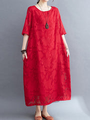 Jacquard See-Through Solid Color Loose Three-quarter Sleeves Round-neck Midi Dresses