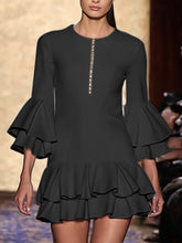 Double Layered Pleated Split-Joint Zipper A-Line Flared Sleeves Round-Neck Mini Dresses