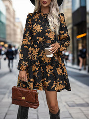 Elasticity Flower Print Split-Joint A-Line High Waisted Round-Neck Mini Dresses