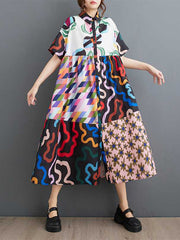 Buttoned Printed Split-Joint A-line Loose Lapel Shirt Dress Midi Dresses