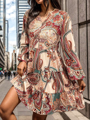 Buttoned Flower Print Split-Joint Long Sleeves Loose V-neck Mini Dresses