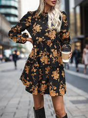 Elasticity Flower Print Split-Joint A-Line High Waisted Round-Neck Mini Dresses