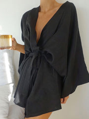 Loose Long Sleeves Lace-Up Mini Dress