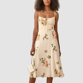 Beige Floral Front Tie Midi Dress