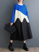 Asymmetric Contrast Color Split-Joint A-Line Long Sleeves Round-Neck Midi Dresses