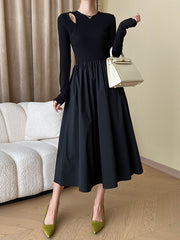 Elasticity Hollow Solid Color Split-Joint A-Line Long Sleeves Round-Neck Midi Dresses