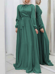 Pleated Solid Color Tied Waist Long Sleeves Loose Maxi Dresses