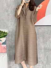 Fashion Solid Color Pleated Long Sleeves Shirt Dress Midi Dress