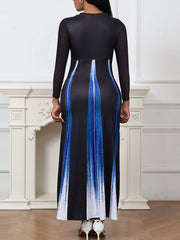 Gradient Pockets Printed Split-Joint A-Line High Waisted Round-Neck Maxi Dresses