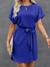Solid Color Tied Waist Loose Short Sleeves Round-Neck Mini Dresses