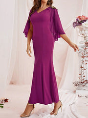 Gauze Solid Color Split-Joint Zipper Batwing Sleeves Bodycon V-Neck Maxi Dresses