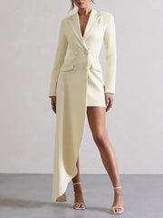 Long Sleeves Asymmetric Buttoned Pockets Solid Color Notched Collar Blazer Maxi Dress