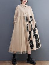 Casual Long Sleeves Loose Contrast Color Split-Joint Lapel Collar Midi Dresses