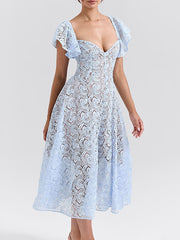 Flower Lace Ruffled Sleeves Elegant Maxi Dresses