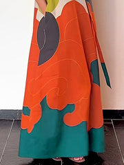 Long Sleeves Loose Printed Split-Joint Round-Neck Maxi Dresses