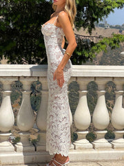 Flower Lace Hollow Sleevless Spaghetti-Neck Elegant Wrap Maxi Dresses