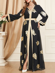 Belted Muslim Printed Split-Front Long Sleeves V-Neck Two Pieces Set Maxi Dresses