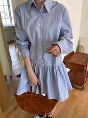 Buttoned Pleated Striped A-Line Long Sleeves Lapel Shirt Dress Mini Dresses