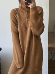 Simple Long Sleeves Loose Buttoned Solid Color High-Neck Sweater Dresses
