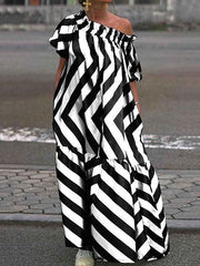 Asymmetric Contrast Color Elasticity Pleated Pockets Split-Joint Striped A-line Loose One-shoulder Maxi Dresses