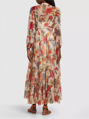 Flower Printed Three-Quarter Sleeves Elegant Maxi Dresses