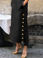 Buttoned Solid Color Split-side Sleeveless Stand Collar Shirt Dress Maxi Dresses