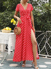 Polka-Dot Tied Waist A-Line High Waisted V-Neck Maxi Dresses