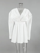 Pleated Solid Color Split-Joint Tied Waist Long Sleeves Loose V-Neck Shirt Dress Mini Dresses