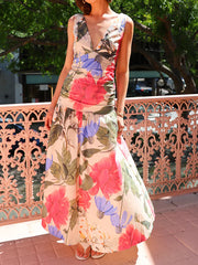 Flower Printed Sleeveless V-Neck Elegant Mermaid Maxi Dresses