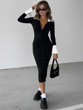 Black Ruched Button Up Slit Cuff Midi Dress