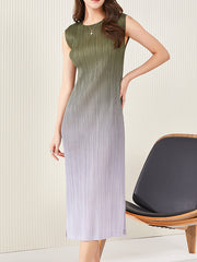 Gradient Pleated Split-Side Loose Sleeveless Round-Neck Midi Dresses