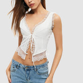 White Lace Trim Front Bow Knot Top