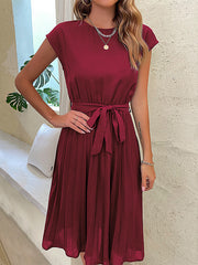 Pleated Solid Color Tied Waist A-Line Loose Round-Neck Midi Dresses
