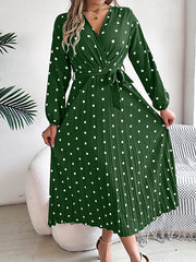 Elasticity Pleated Polka-Dot Split-Joint Tied Waist A-Line High Waisted V-Neck Shirt Dress Midi Dresses