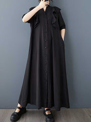 Buttoned Ruffle Trim Solid Color A-Line Half Sleeves V-Neck Midi Dresses