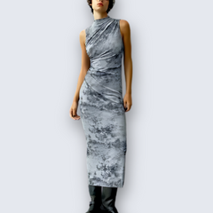 Gray Sleeveless Side Ruching Midi Dress