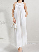 Hollow Pleated Pockets Solid Color Loose Sleeveless Halter-Neck Maxi Dresses