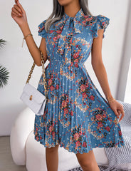 Pleated Floral Printed Tie Neck Knee Length Short Sleeve Dress