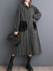 Elasticity Pockets Striped Zipper A-Line Long Sleeves Lapel Midi Dresses