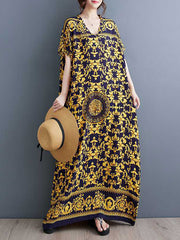 Printed A-Line Batwing Sleeves V-Neck Maxi Dresses