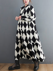 Buttoned Plaid A-Line Long Sleeves Polo Midi Dresses