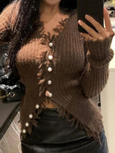 Solid Rib V Neck Frayed Trim Knit Cardigan