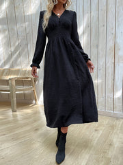 Buttoned Elasticity Solid Color Split-Side A-Line Long Sleeves V-Neck Midi Dresses