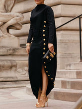 Asymmetric Buttoned Split-Joint Split-Side Long Sleeves Loose Mock Neck Maxi Dresses