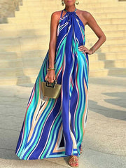 Colorful Striped Loose Sleeveless Halter-Neck Maxi Dresses